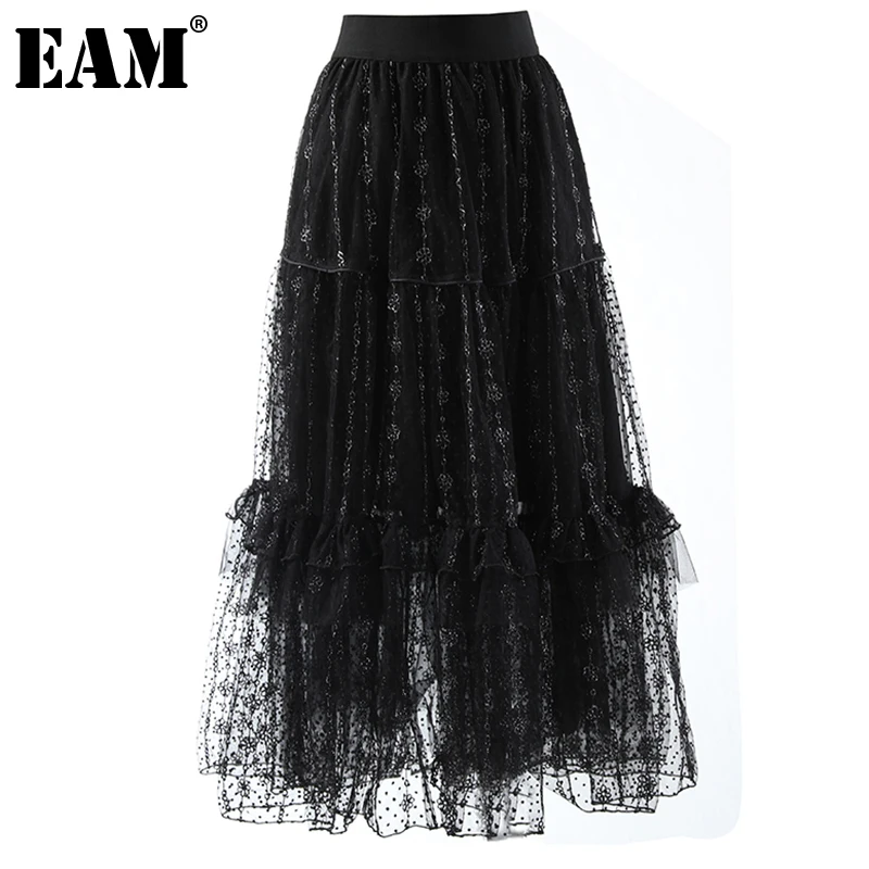 

[EAM] High Elastic Waist Black Embroidery Mesh Long Holiday Half-body Skirt Women Fashion Tide New Spring Autumn 2022 1DE3367