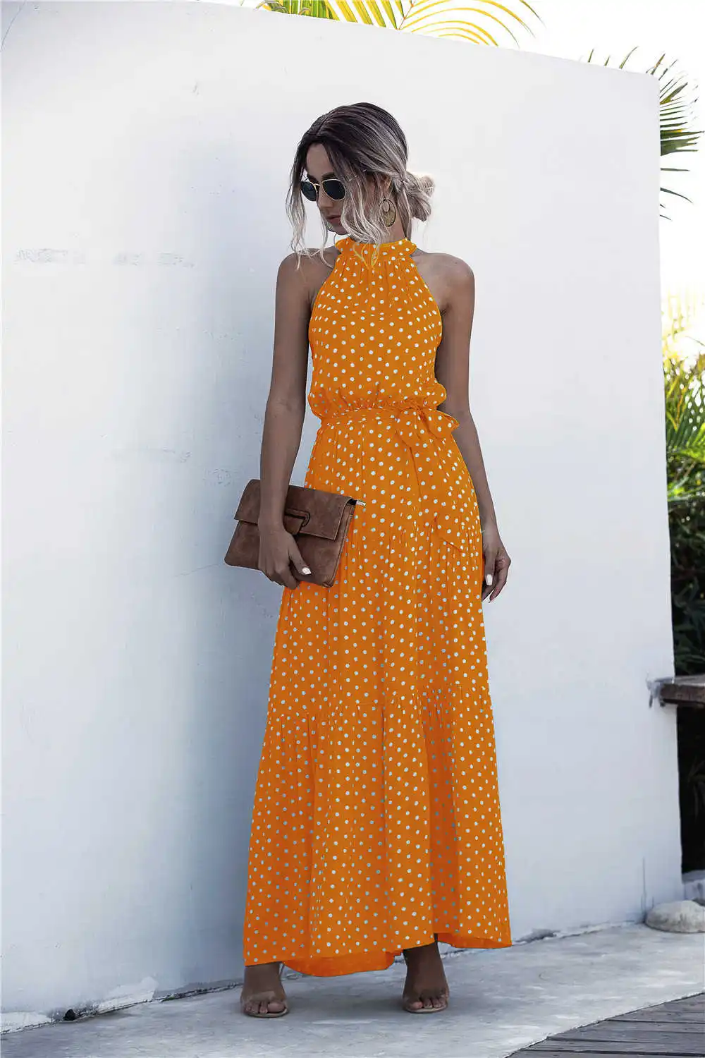 

Dot Print Dress With Neck Strap