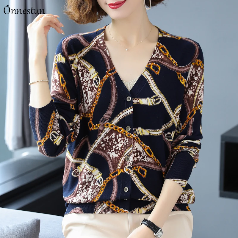 

Sweater Women New Autumn Casual Print Sweater Cardigan High Quality V Neck Knitwear Single-breasted Cardigans