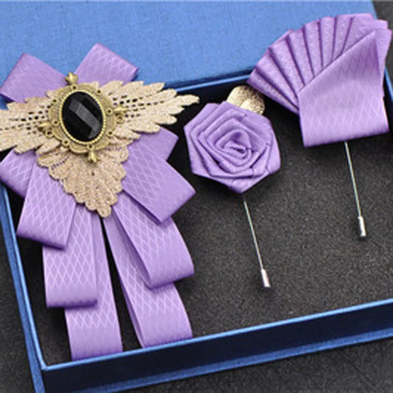 Purple set 1 Новая модная повседневная многослойная бриллиантовая брошь с бабочкой, стразы, красная брошь для галстука-бабочки, набор для свадьбы, жениха, жениха, мужчин, карманный квадратный мужской - Цвет: Purple set 1