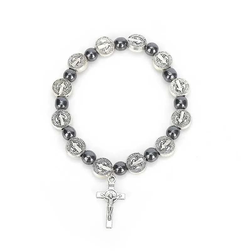 Браслет с гематитовыми бусинами и крестом Иисуса центральное сострадание