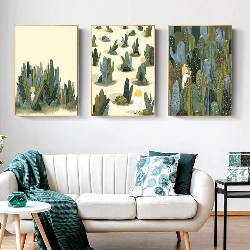 

Green Succulent Wall Art Print Poster for Living Room Cartoon Little Girl with Yellow Hair Cactus Canvas Painting Unframed