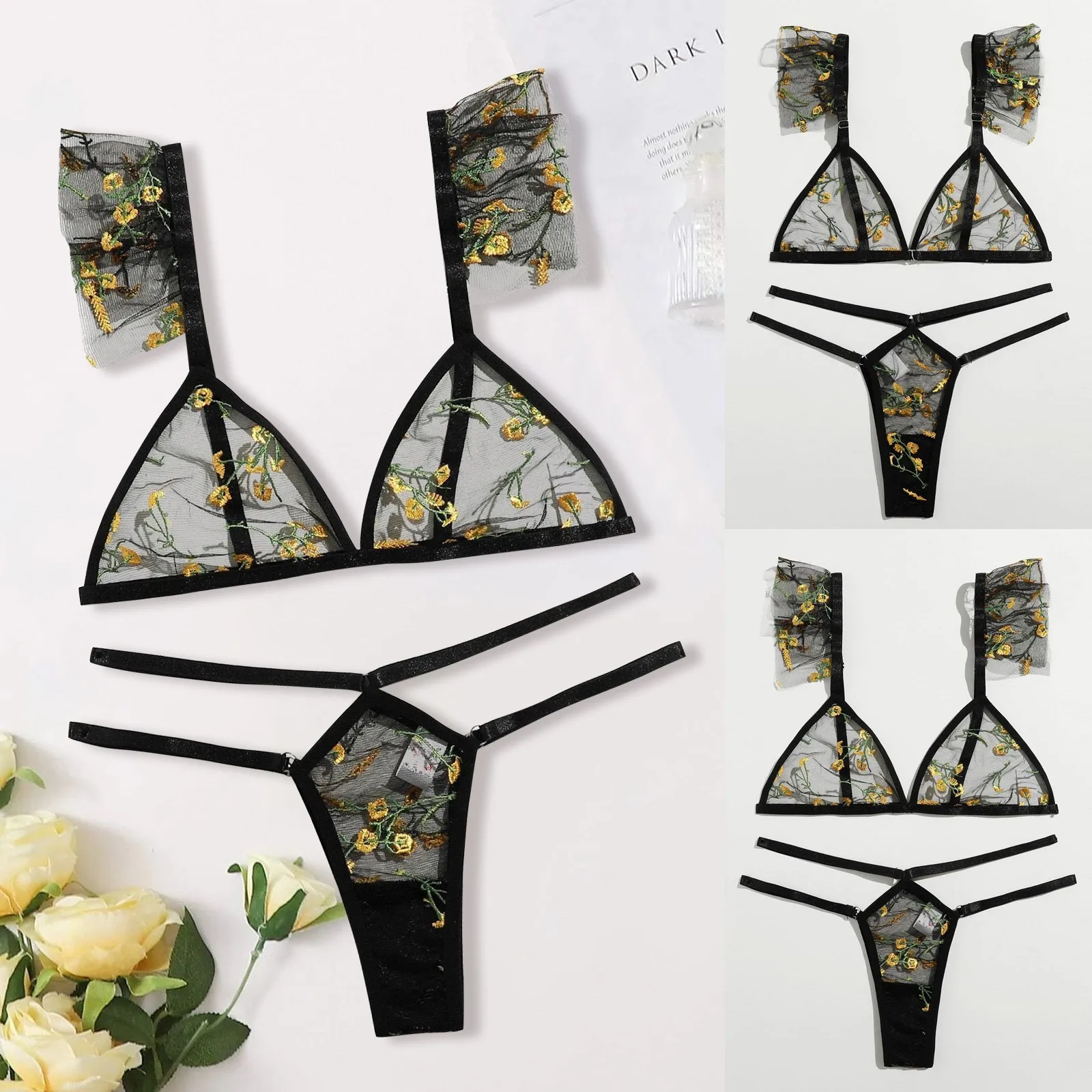 

LOPNT Sexy underwear women set Floral Embroidery Sheer Mesh Lingerie Set no bra Backless Bralette sexi Intimates lace bra set#FB