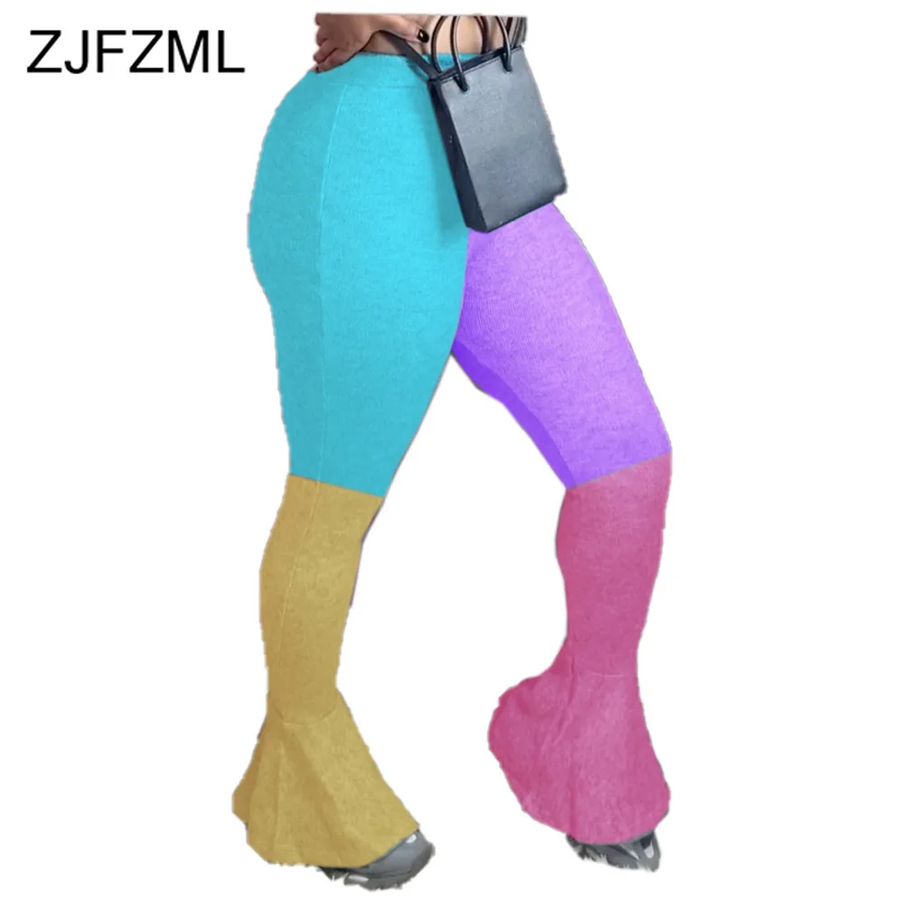 

Contrast Color Patchwork Fitness Leggings for Women Sexy High Waist Good Stretchy Trouser Fashion Ladies Bell Bottom Jogger Pant