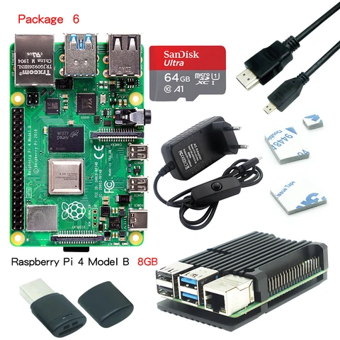 Комплект Originele Raspberry Pi 4 Model B 2 ГБ, 4 ГБ, 8 ГБ + алюминиевый корпус + переключатель питания 3 А + HDMI-совместимый + опция 64 32 ГБ TF-карты