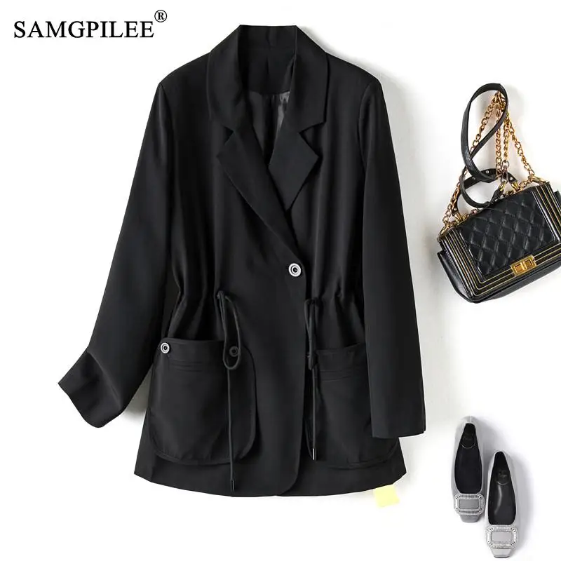 

Женский двубортный Блейзер SAMGPILEE, Офисная однотонная Свободная куртка с длинным рукавом и отложным воротником, осень 2021