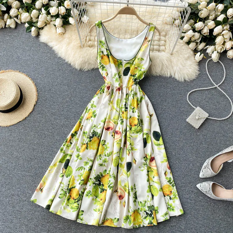 

2021 New Summer Sundress Sicily Runway Fashion Sleeveless Floral Print Midi Tank Dress for Women Elegant Female Holiday Vestido