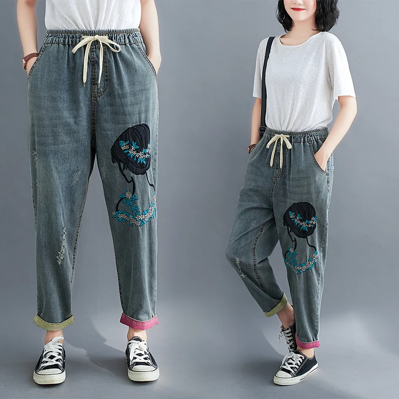 

Plus Size Woman Denim Harem Pants Spring Autumn Drawstring Casual Embroidery Jeans For Women Mom Jeans femme jean