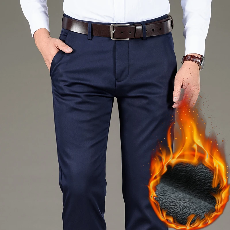 

2021 New Men's Plus Cashmere Straight-leg Pants Fashion Casual Stretch Business Suits Male Winter Warm Fleece Trousers
