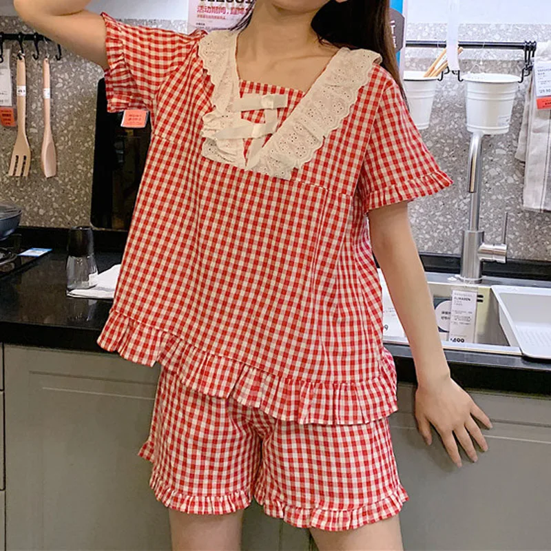 

korean princess style bow knot lace plaid square collar pajamas set summer women short sleeve sweet sleepwear tops+shorts