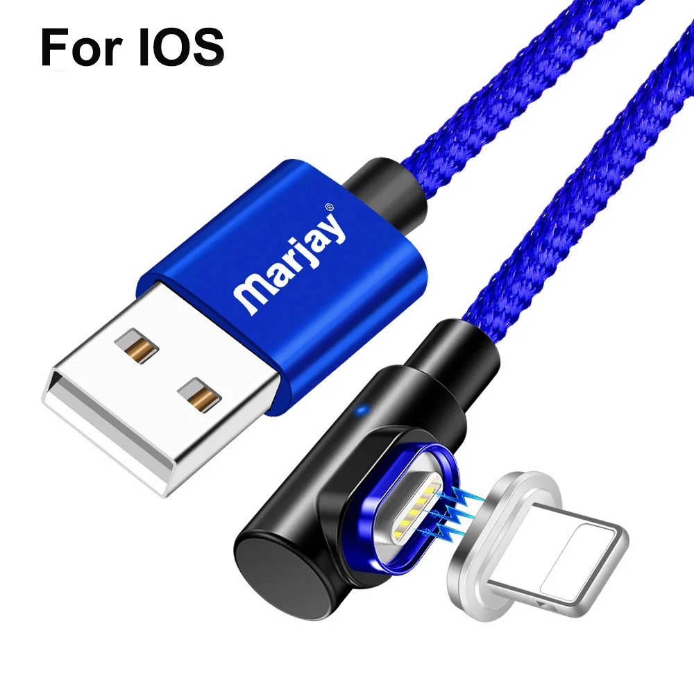 Магнитный кабель Marjay, 90 градусов, Тип C, Micro USB C, быстрая зарядка, Microusb type-C, магнитное зарядное устройство, usb c, зарядный Шнур для iphone 7, 6 - Цвет: Blue IOS Cable
