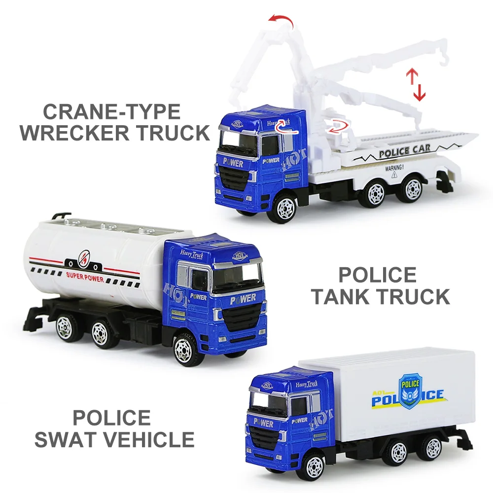 

3PCS/Set Kids Diecast Car Toys Mini Alloy Trucks Engineering Police Fire Sliding Vehicle Set Toy Birthday Gift for Children Boys