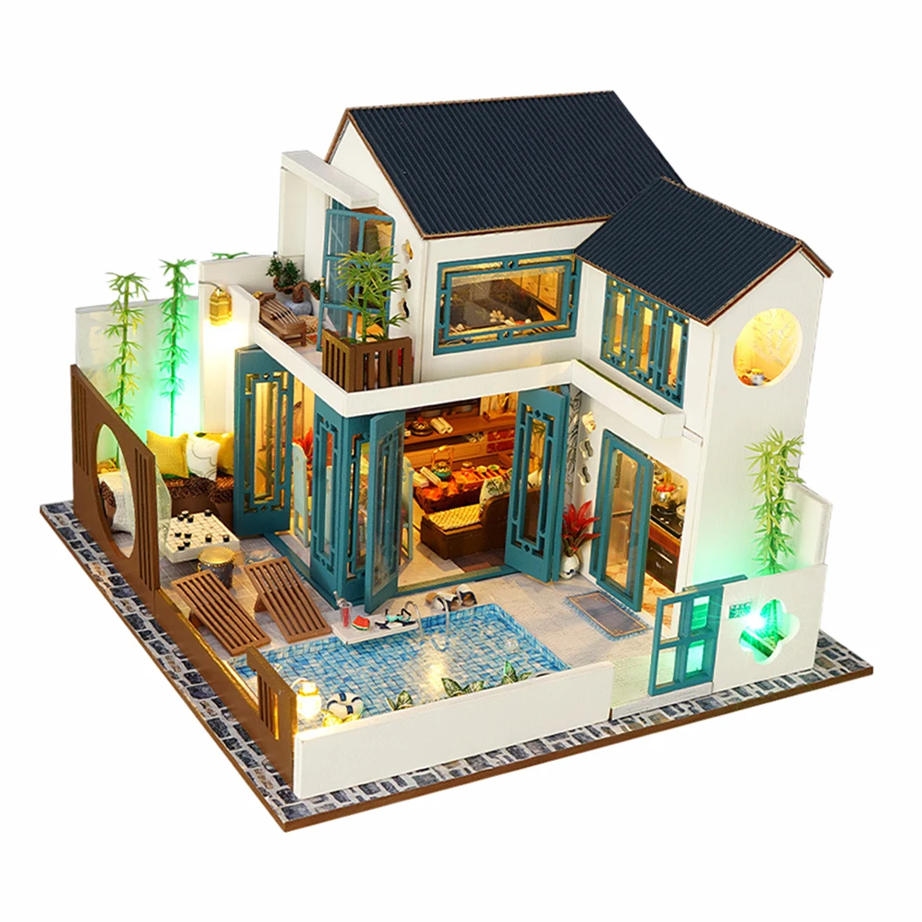 

Miniature Dollhouse Kit for Adults with Furniture Romantic Artwork Gift Mini Wooden Dust Proof Dollhouse with Led Light Birthday