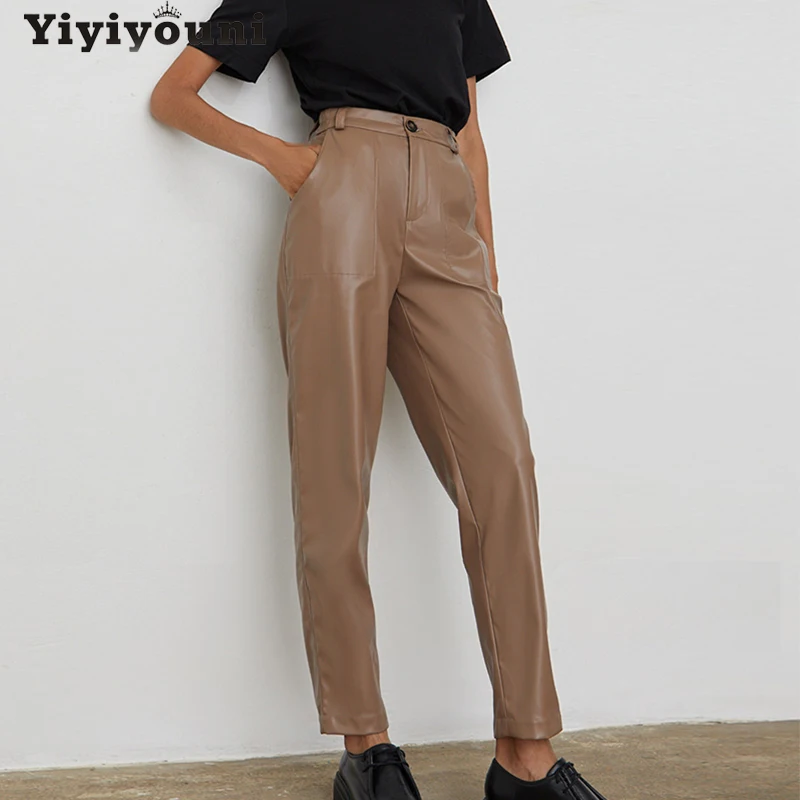 

Yiyiyouni Autumn Winter High Waist Fleece PU Leather Pants Women Casual Faux Leather Trouser Women Pockets Straight Pants Female