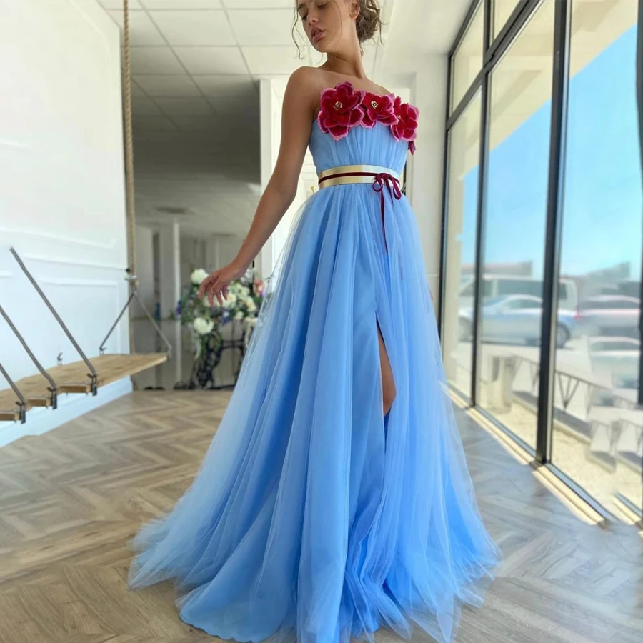 

Strapless Rose Flowers Elegant Blue Tulle Front Slit Prom Dress with Golden Sash Evening Formal Dress vestido de formatura