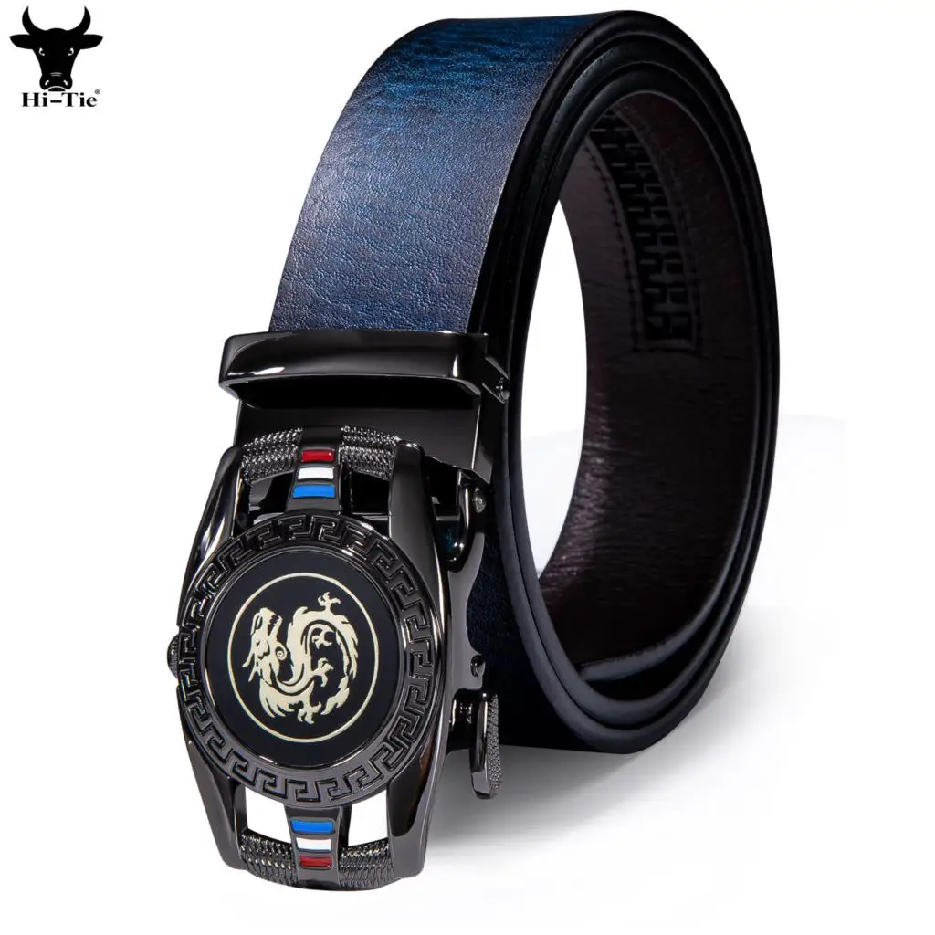 Hi-Tie Navy Blue Genuine Leather Mens Belts Dragon Automatic Buckles Ratchet Adult Waist Belt for Men Dress Jeans Adjustable XXL