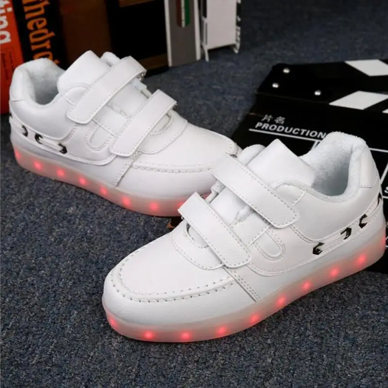 RayZing Colorful white Light Shoes Women And family Hook&Loop Flats Hand sewing Glaring Led glowing woman shoes usb charge shoes