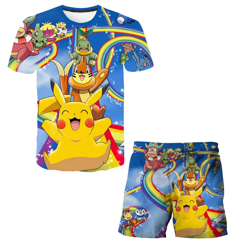 

Pikachu Fashion T-Shirt 3D Cartoon Summer Short Sleeve O-neck Sleeve+Shorts Cute Tees Baby Boys Kids Casual Tops Girls Suit