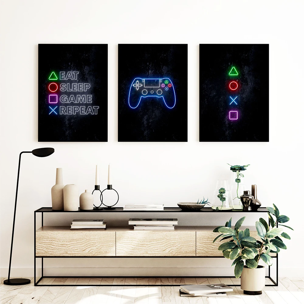 

Eat Sleep Game Repeat Gaming Wall Art Poster Gamer Canvas Painting Poster and Prints for Boys Room Decorative Picture Playroom