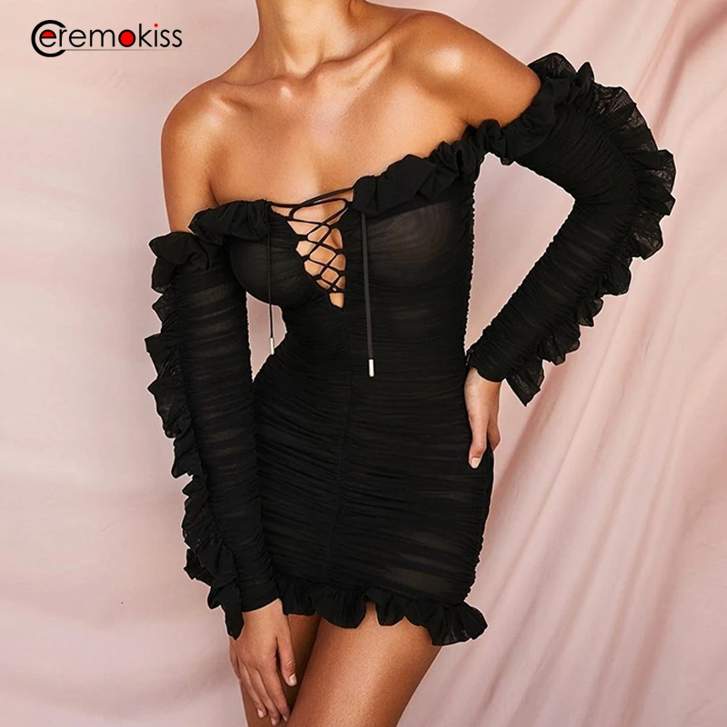 Ceremokiss/осенне-зимнее сексуальное платье на шнуровке с вырезами оборками