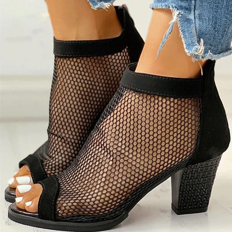 

Mesh Cloth Leopard Print Black Basic Casual Dropshipping Sandals Women Shoe Open Toe Mid Heel Summer Women Fashion Sandals
