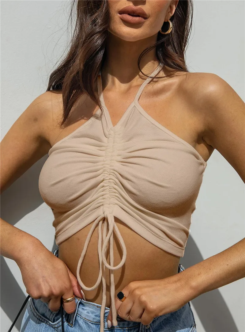 

2021 New Women Fashion Solid Color Halter Camisole Sexy V-neck Drawstring Lace-Up Exposed Navel Suspender Tube Crop Tops