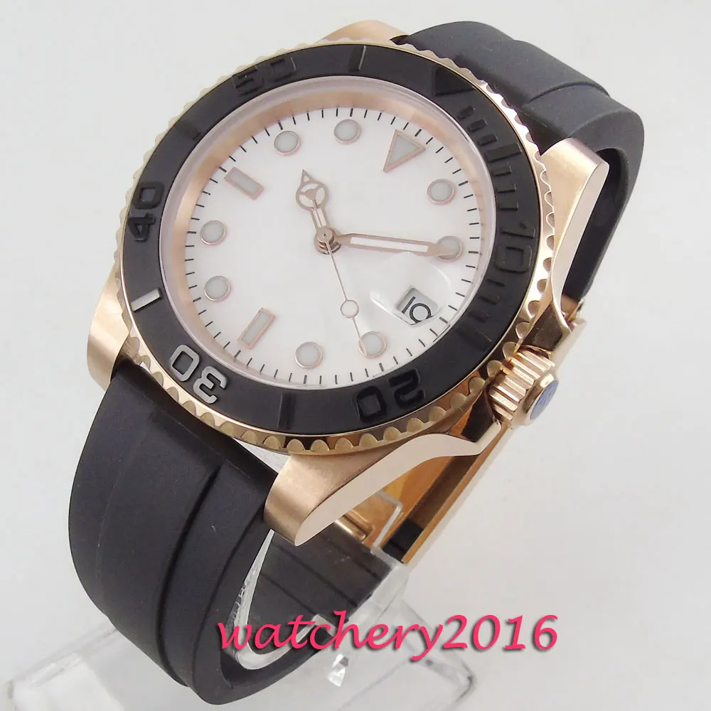 Часы наручные мужские с белым циферблатом 40 мм розовое золото сапфир | Наручные