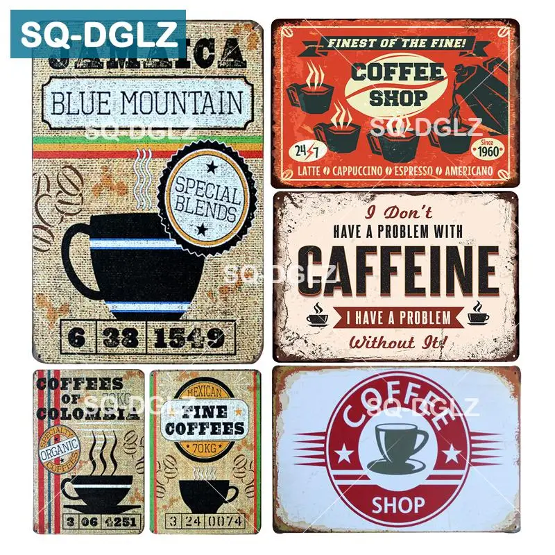 

[SQ-DGLZ] Coffee Shop Metal Sign CAFFEINE Wall Decor BLUE MOUNTAIN Tin Sign Vintage Home Decor Painting Plaques Art Poster