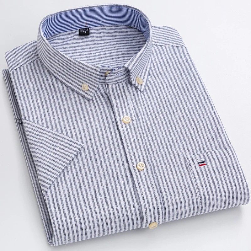 S-7XL Men's Short Sleeve Oxford Printed Casual Dress Shirts Front Patch Chest Pocket Regular-fit Button-down Collar Work Shirts