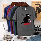 Футболка Black Cat What, забавная женская футболка с убийственным котом и ножом, топы с коротким рукавом для Хэллоуина, женские футболки, 2020