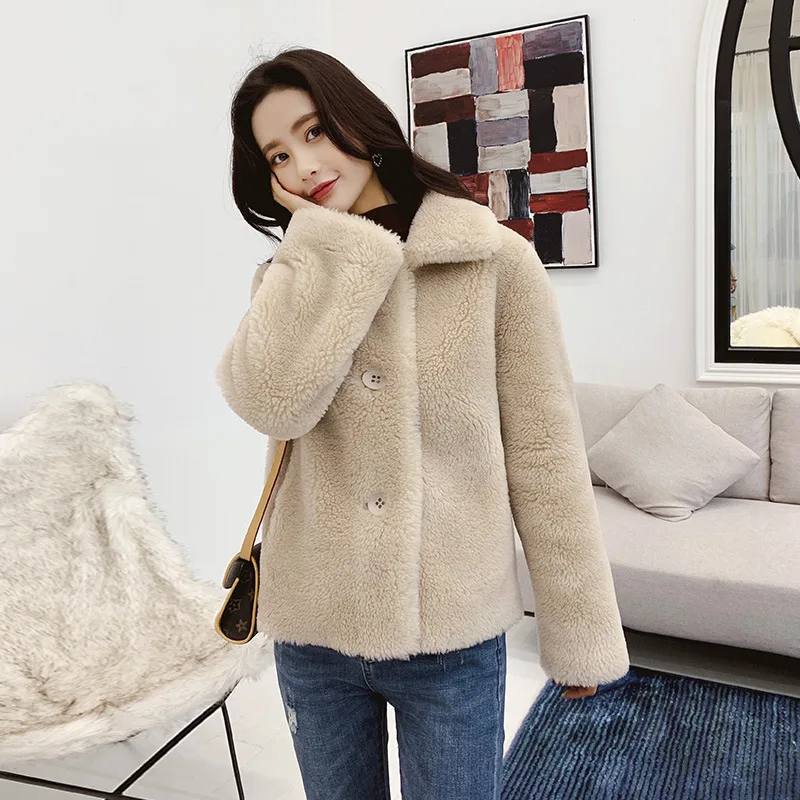 Женское шерстяное пальто теплая куртка из натурального меха овцы в Корейском