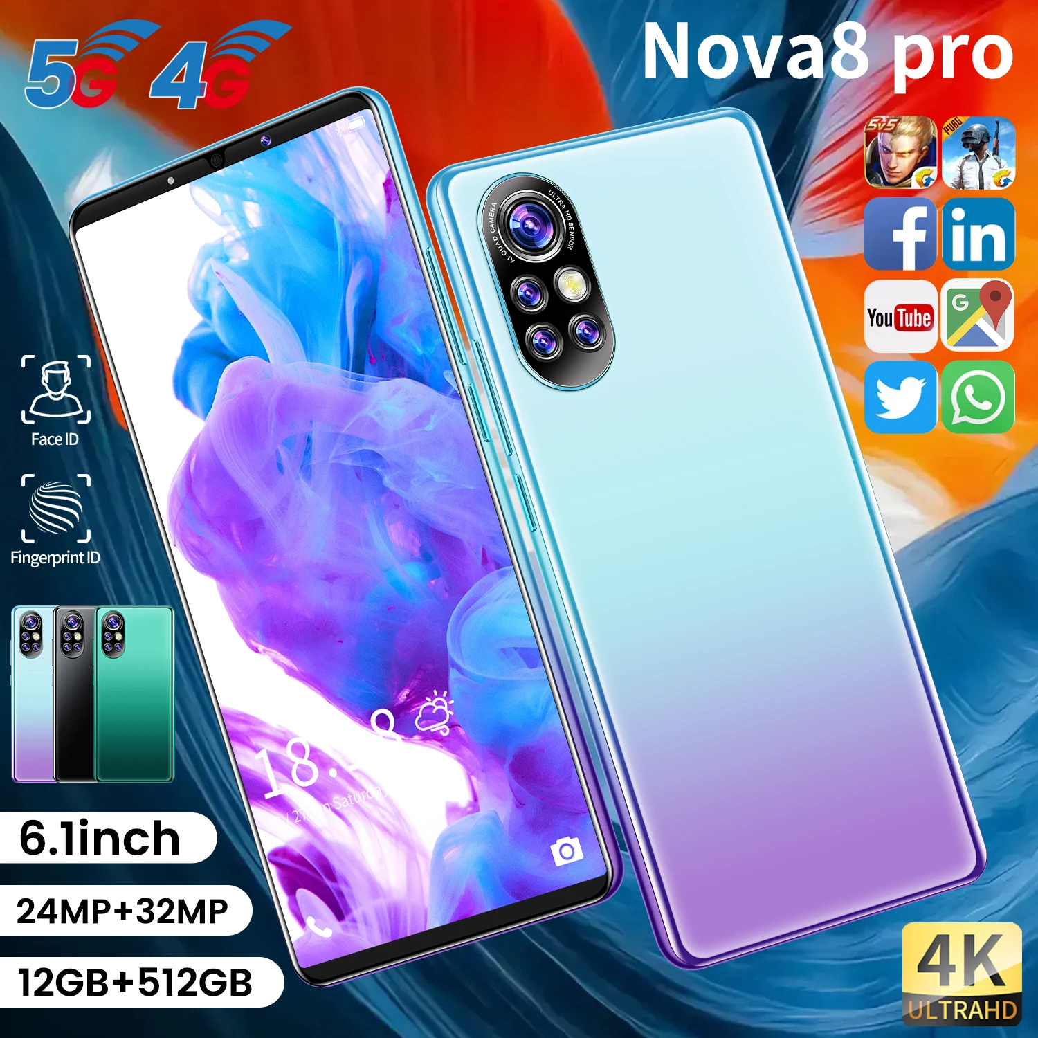 

Newest 6.1" Nova8 Pro 5G LTE Bands Dual Sim 5200mAh 12GB+512GB MTK6889 Android GPS CellPhone Face ID Global Version Smartphone