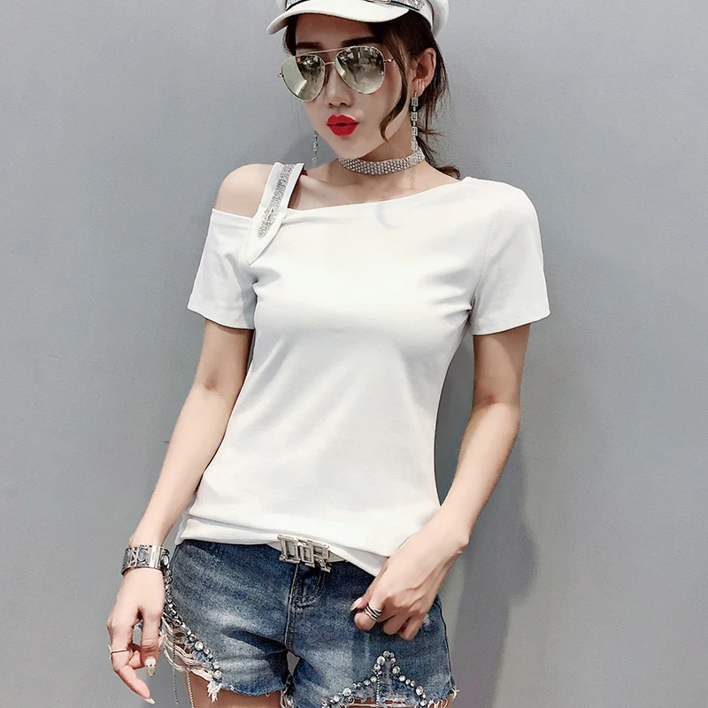 Женская футболка с открытыми плечами летняя хлопковая короткими рукавами модель