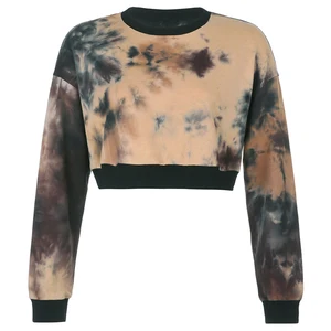 Women Fashion Tie-dye Crop Top Stylish Long Sleeve Round Neck Top for Ladies Female