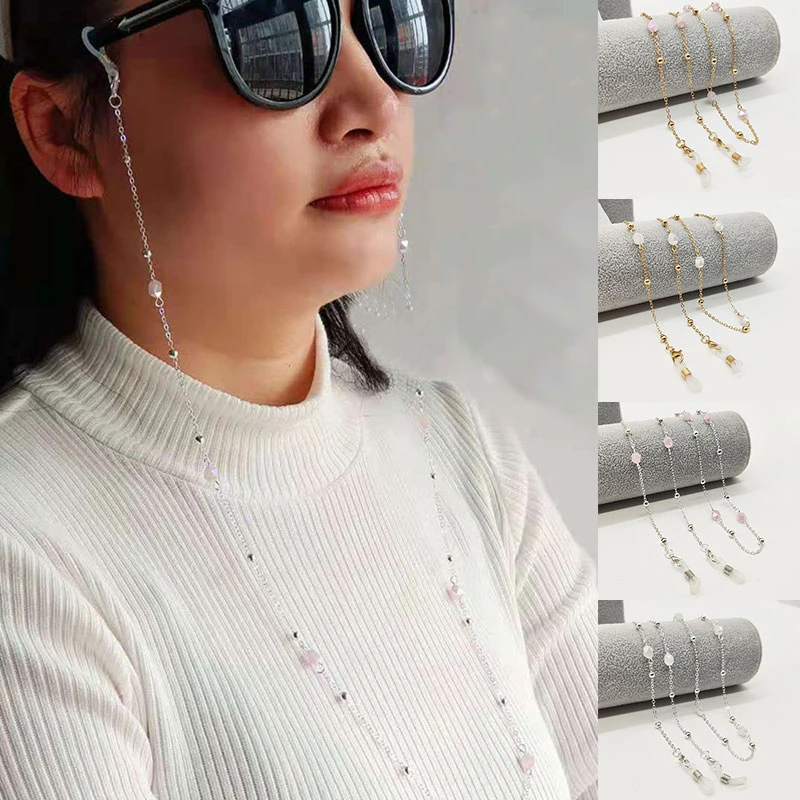 

Eyeglasses Chain White Pink Crystal Charm Bead Metal Plated Silicone Loops Sunglasses Accessory Women Necklace Gift