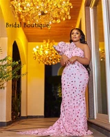 african pink mermaid evening dresses crystal beaded one shoulder ruched party gowns aso ebi plus size prom dress