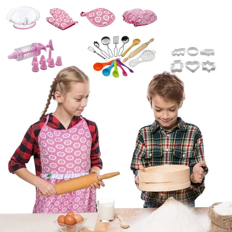 

Kids Cooking and Baking Set, Kitchen Role Play Set Includes Apron For Little Girls Chef Hat Mitt & Utensil
