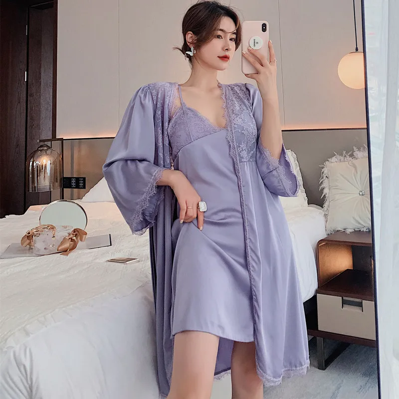 

Women Spring Autumn New Kimono Robe Gown Set Sexy V-Neck Backless Nightgown Sweet Lace Trim Faux Silk Nightwear Purple Home Wear