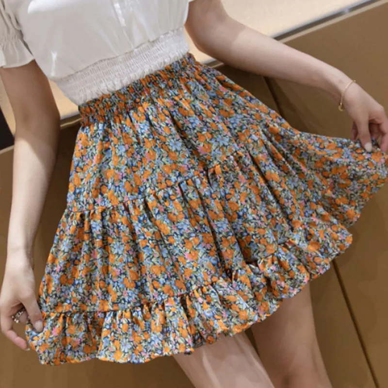 

Womens Fashion Daisy Print Hight Waist Ruffled Casual Mini Skirt Streetwear Ruffled A-line Skirt Female New Summer Ladies Skirt