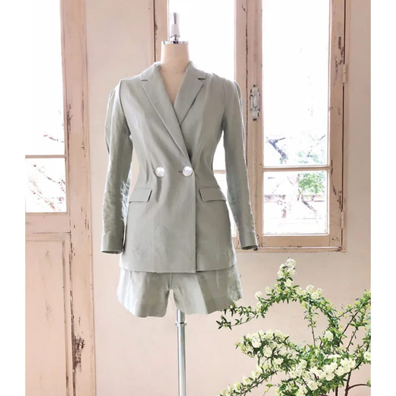 

2021 Work Style Ol Temperament 2 Pcs Women Set Turn Down Collar Long Sleeve Sashes Blazer + High Waist Hip Wide Leg Shorts Suit