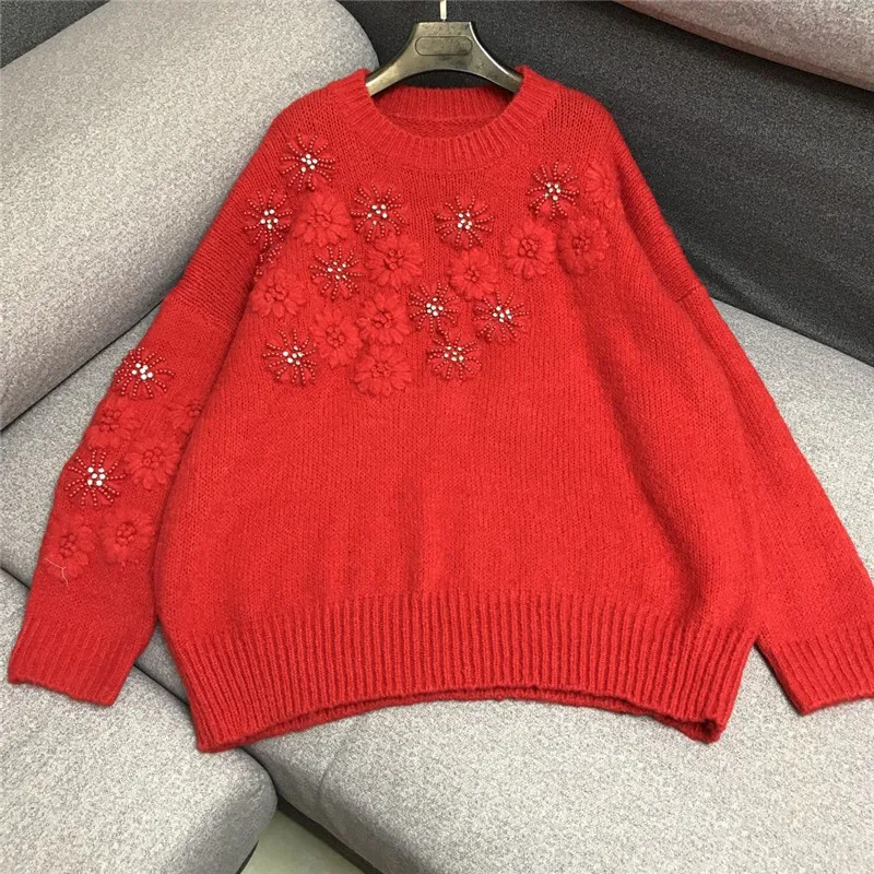 

2021 Autumn Winter Classic Red Sweater Heavy Industry Beads Flower Embroidered Sweaters Women's Loose Thickened Outwear Knitwear