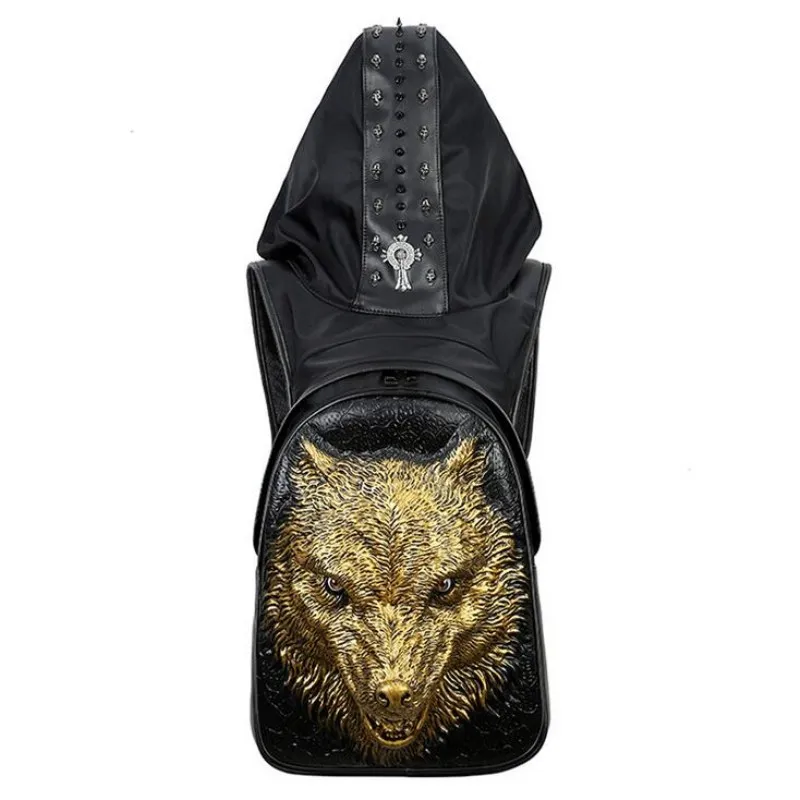 Модный мужской кожаный рюкзак с тиснением и заклепками капюшоном|backpack with|fashion