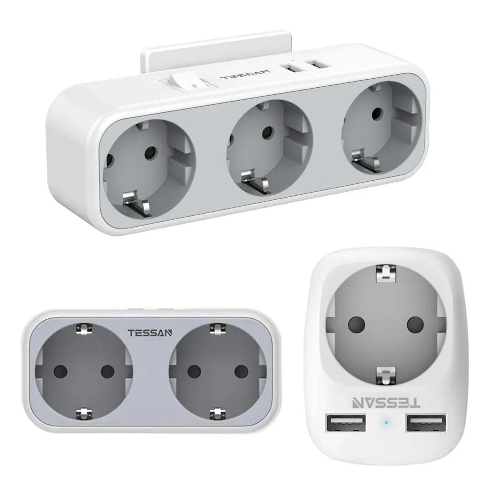 

TESSAN EU Wall Socket Power Strip with 1/2/3 Outlets 2 USB Ports 5V/2.4A 3600W Power Adapter Overload Protection for Home/Travel