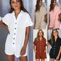 fashion womens summer solid color lapel shirt button jumpsuit short sleeved blended low waist bohemian lady straight hot pants