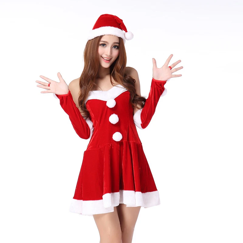 Christmas dress with belt Sexy womens Christmas costume Santa suit short sleeve plush warm fancy pleated dress