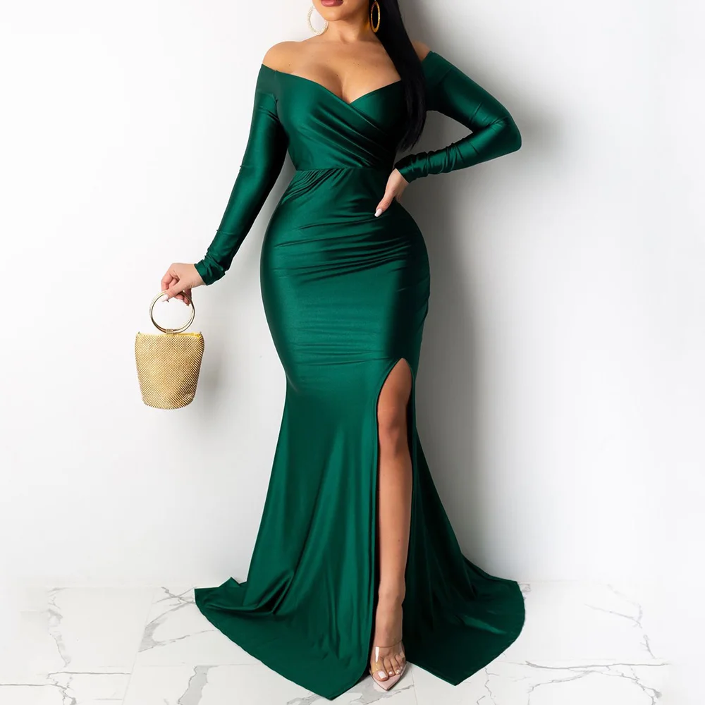

Sexy Dress Nightclub V-neck Green Dress Solid Color Big Slit Long Female Dresses Autumn Winter Elegant Female Green Dresses