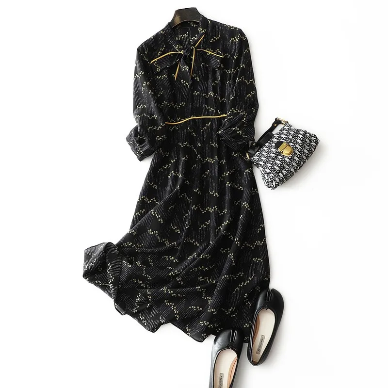 

Платье женское с цветочным принтом, элегантное платье из 2021 шелка, в Корейском стиле, с длинным рукавом, Pph3898, весна-лето 100%