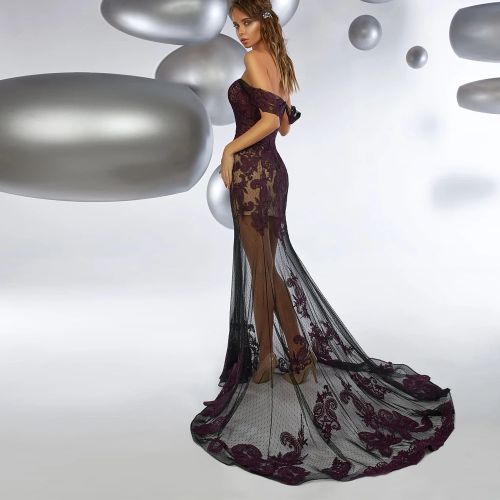 

Vestidos Elegant Evening Dresses Tulle Illusion Appliques Sweetheart Off-Shoulder Zipper A-Line Gowns