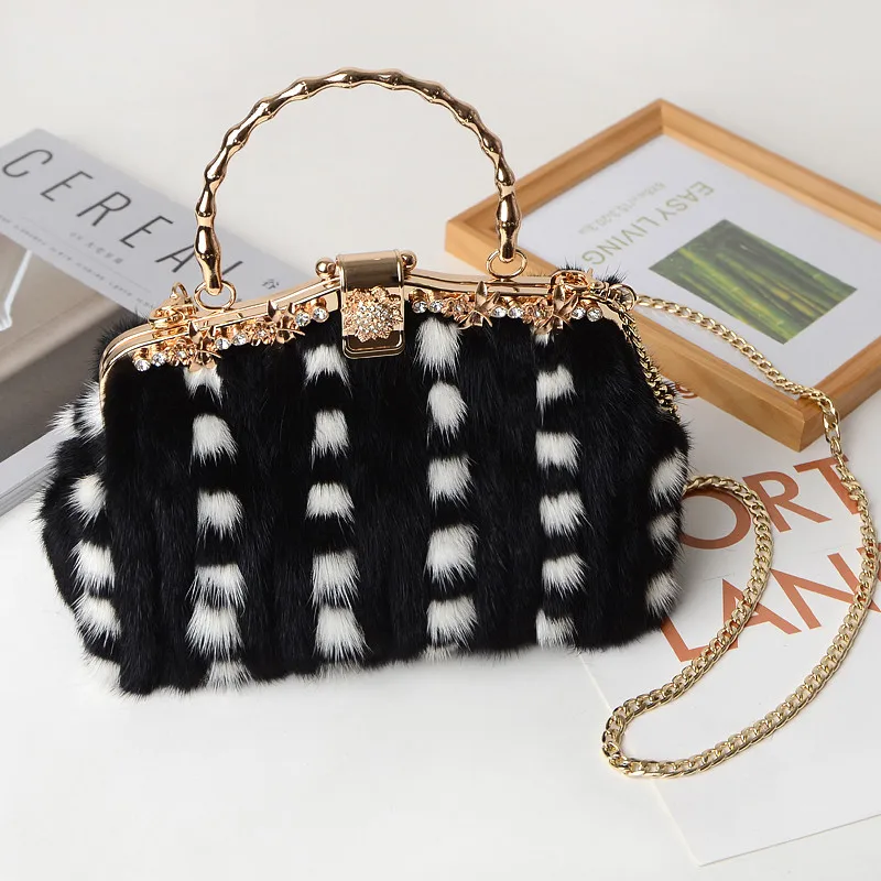 2021 New Mink Fur Mouth Gold Fur Bag Real Hair Casual Women s Chain Shoulder Messenger Portable Gypsophila Bag