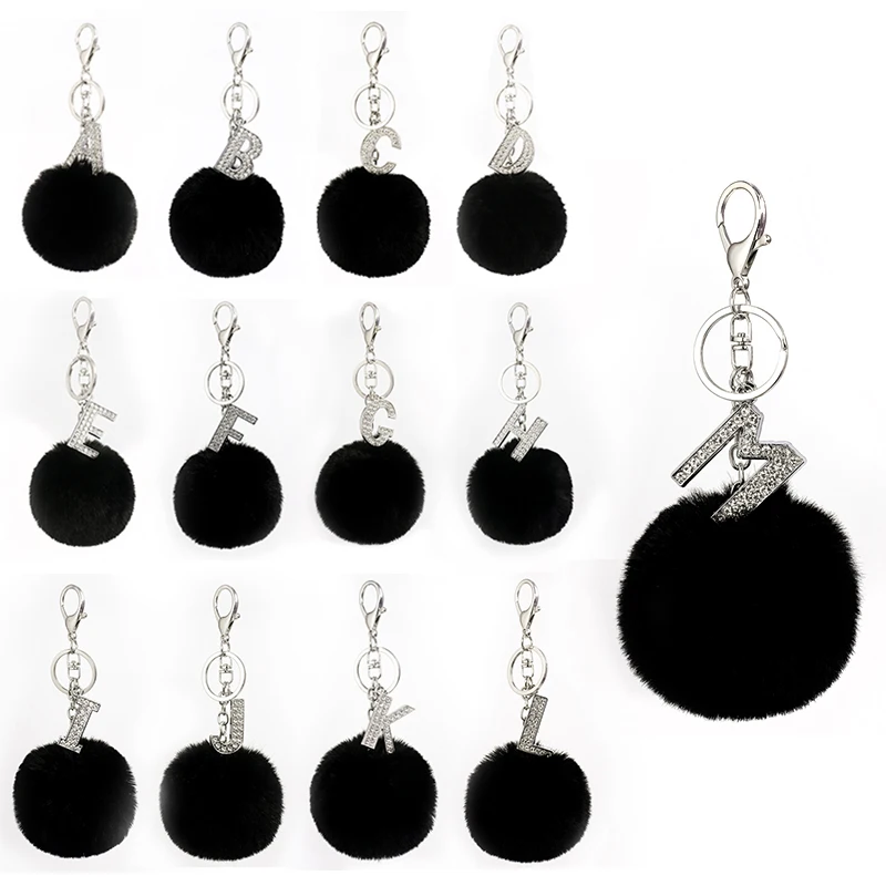 

26 letters Black pompon fur ball keychain creative small gift pendant alloy rhinestone alphabet key chain key ring